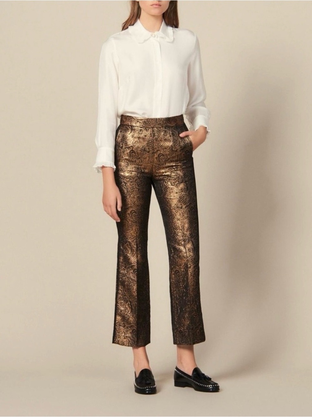 Sandro Metallic Gold XS Brocade Trousers